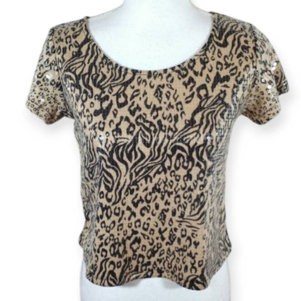 MATERIAL GIRL SEQUIN LEOPARD PRINT T-SHIRT SZ.S EUC.